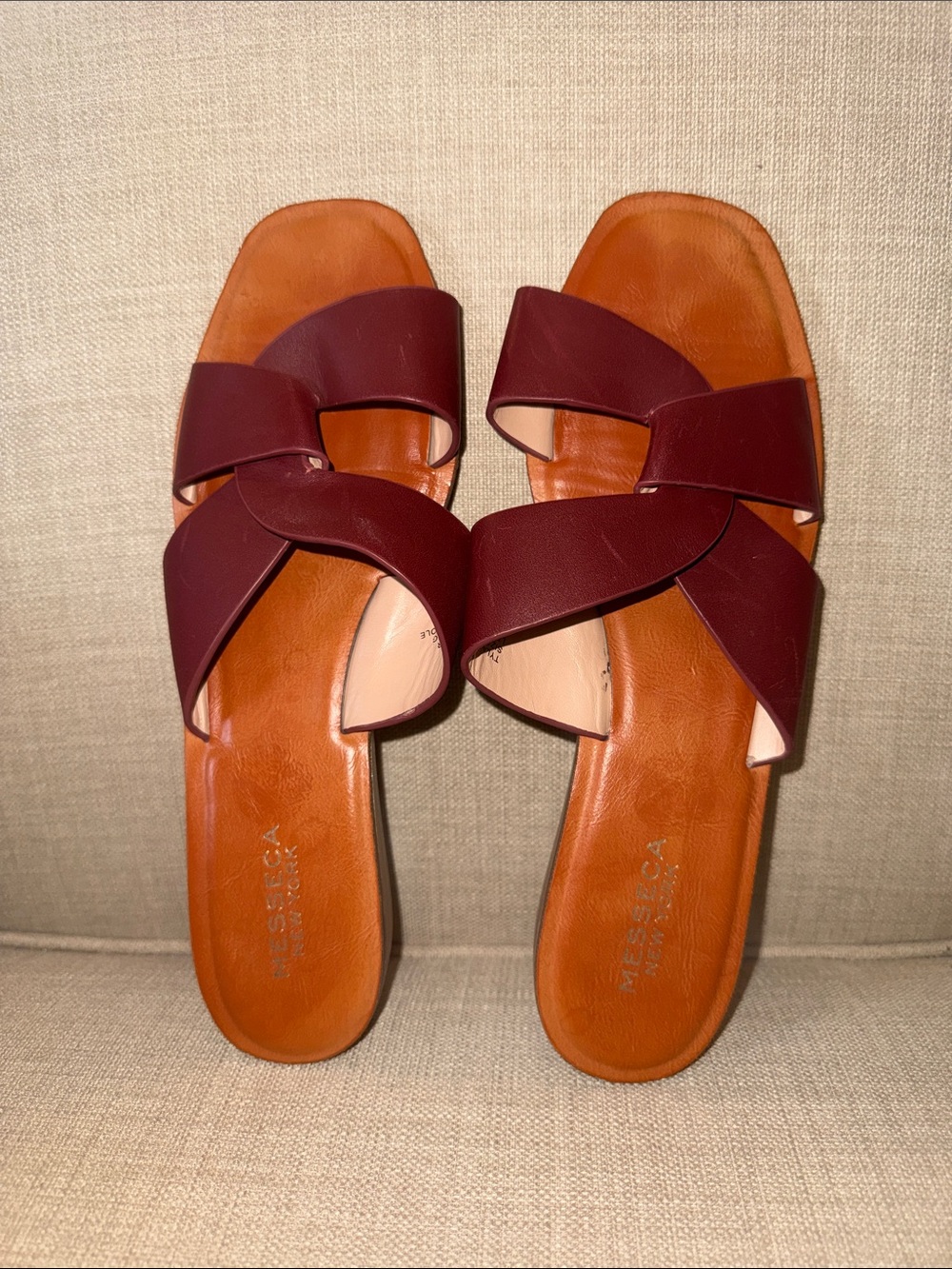 Messeca New York Orange Footbed with Burgundy Twist-Top Sandals